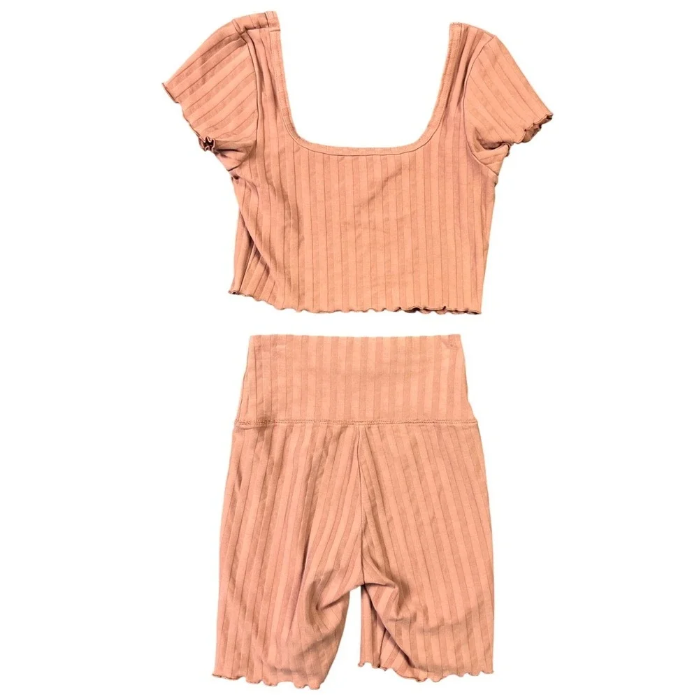 Aerie OFFLINE 2PC Set‎ S Mauve Ribbed Crop Top Biker Shorts Lettuce Athleisure